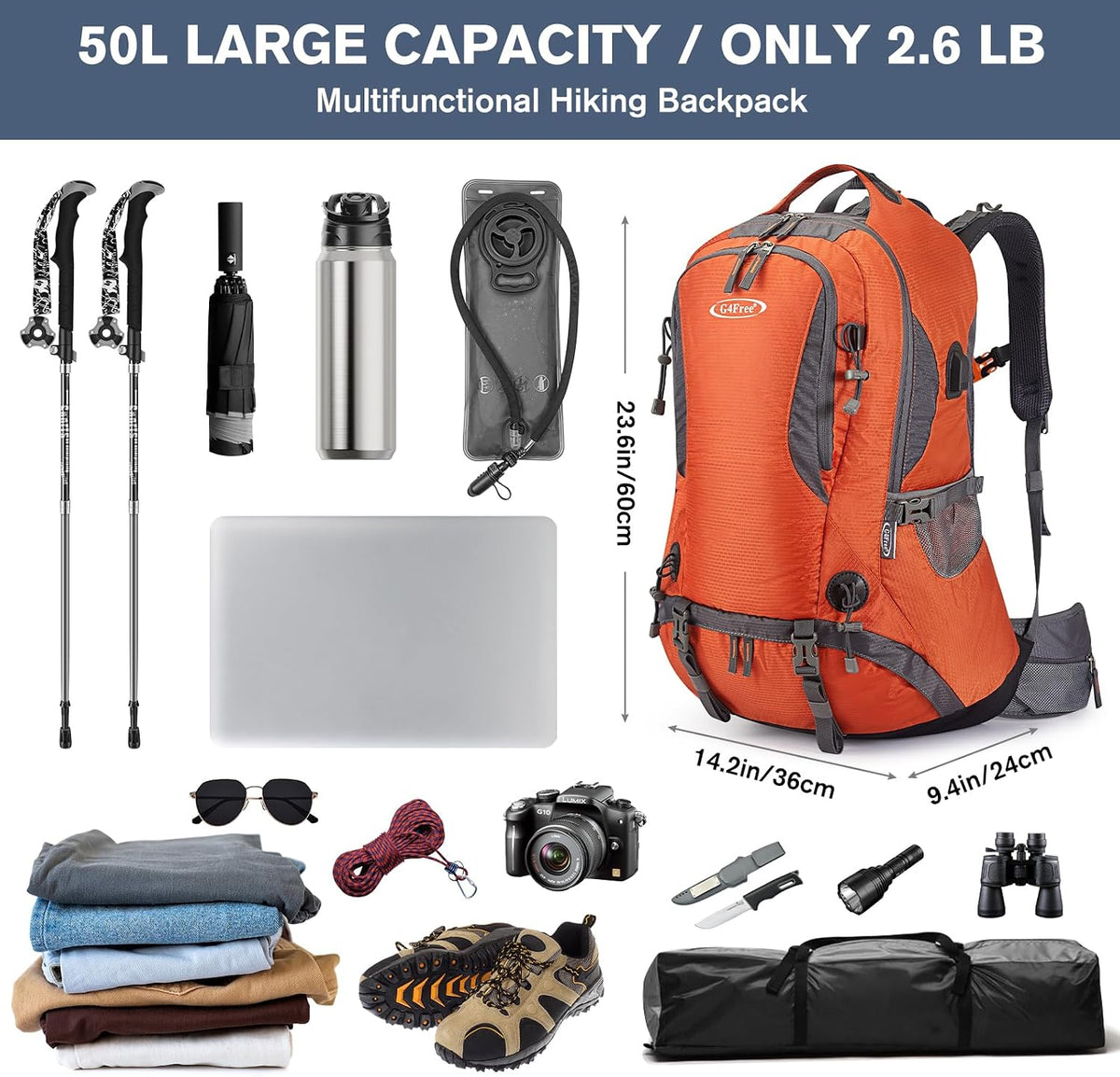 G4Free 50L Hiking Backpack Waterproof Daypack Outdoor Camping Climbing Backpack with Rain Cover for Men Women