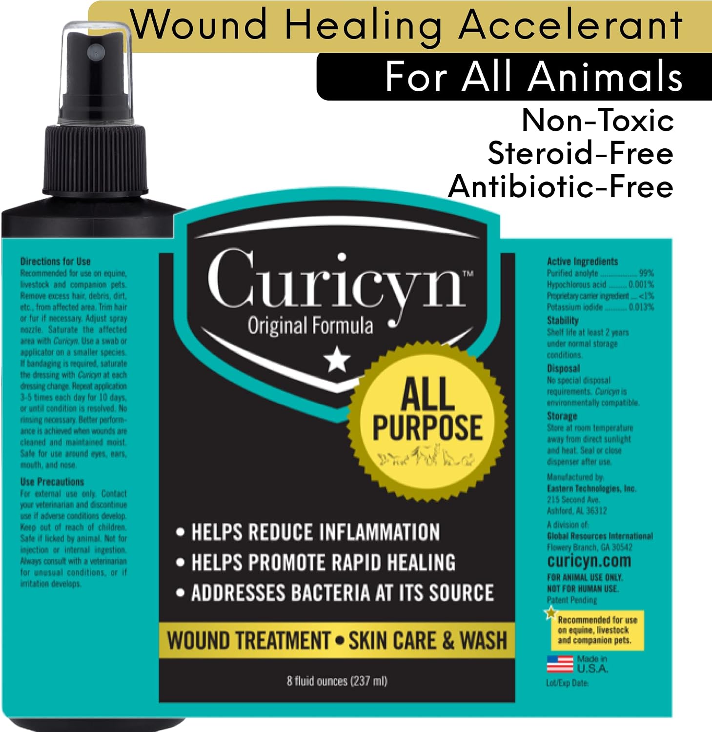 Curicyn Wound Care for Dogs, Cats & Livestock 8oz - All Natural, Fast Acting Wound Care for Pets, Safe Wound Care for Cats - Works on Varied Ailments, Easy Application Spray Bottle