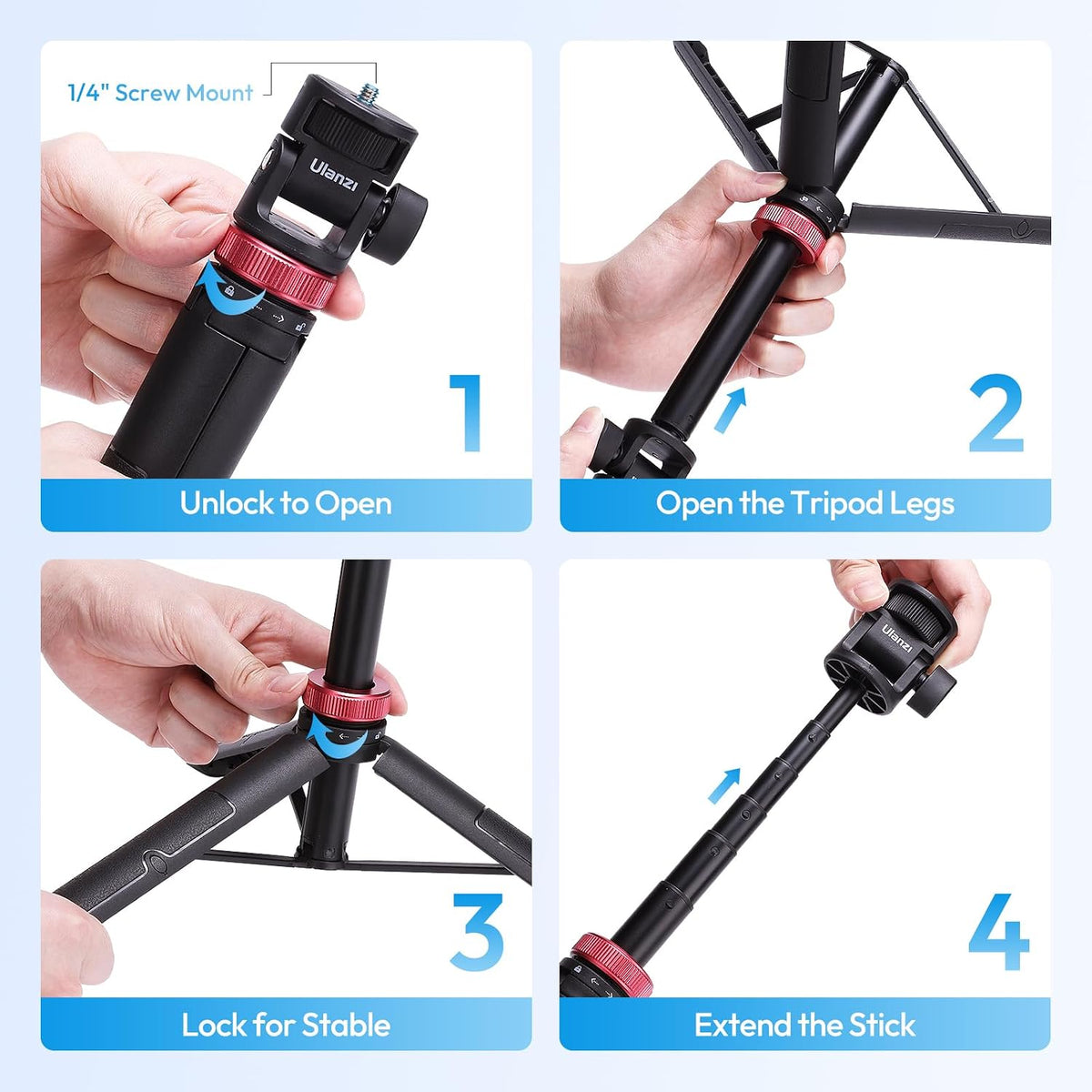 ULANZI MT-71 Tripod Selfie Stick & Vlog Handle with Magnetic Quick Release&1/4'' Screw, 59in Extendable Lightweight Tripod Stand (7-Section) for DJI Pocket 3/Insta360 X5 X4 X3 Series