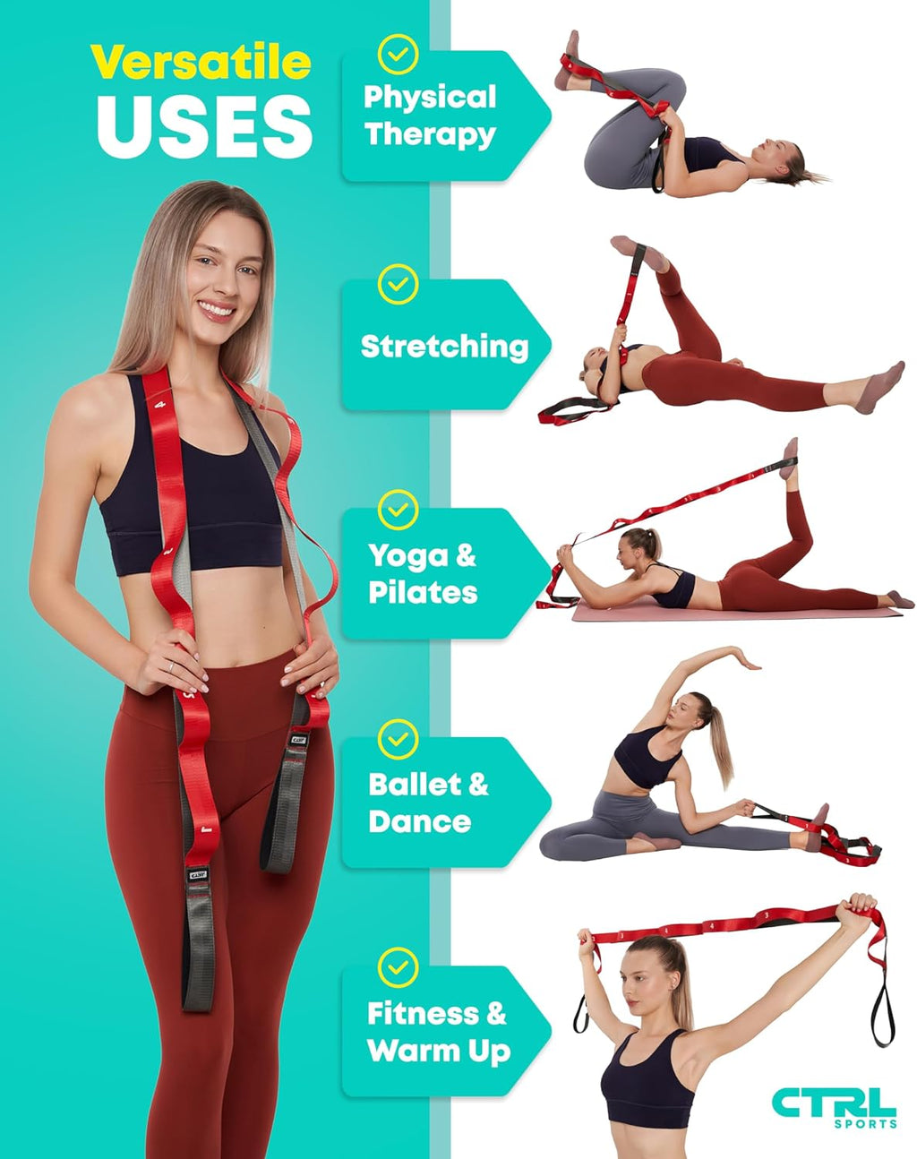 Stretching Strap with Loops, Non Elastic Stretch Band for Physical Therapy