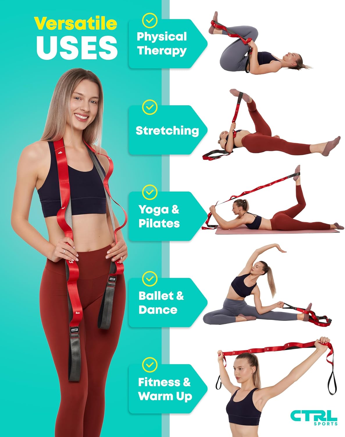 Stretching Strap with Loops, Non Elastic Stretch Band for Physical Therapy