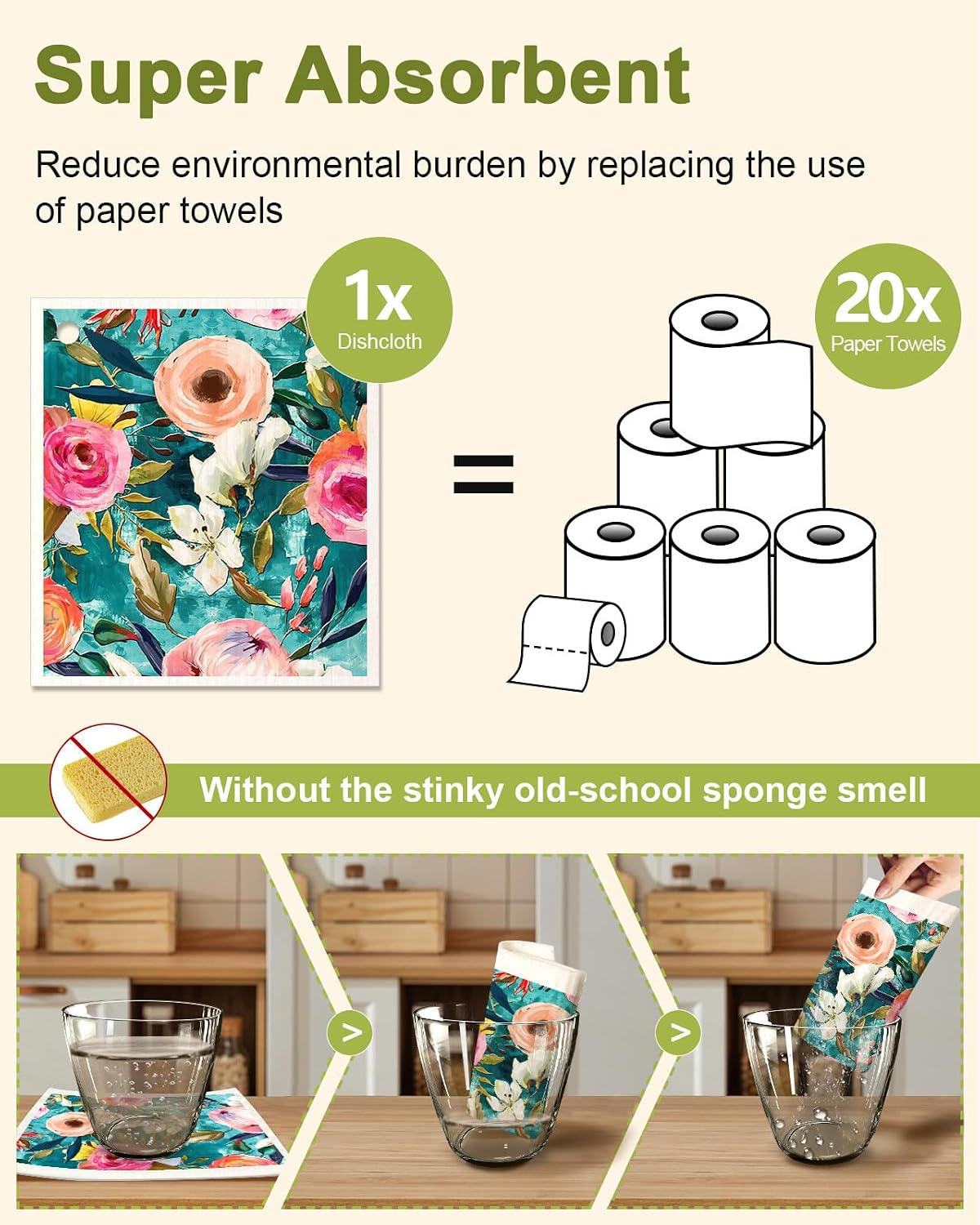 Miss Adola 6 Pack Swedish Dishcloths for Kitchen - Reusable Dish Cloths for Washing Dishes Absorbent Cute Funny Kitchen Towels Cleaning Sponge, Floral Bird