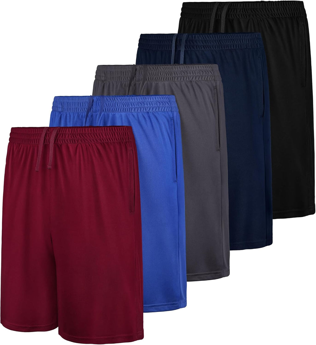 5 Pack Boys Athletic Shorts Basketball Soccer Dry-Fit Shorts with Pockets | Moisture Wicking,Breathable Lightweight Fabric,Sports &Outdoor Wear for Teen Kids Youth, Elastic Waist Pockets