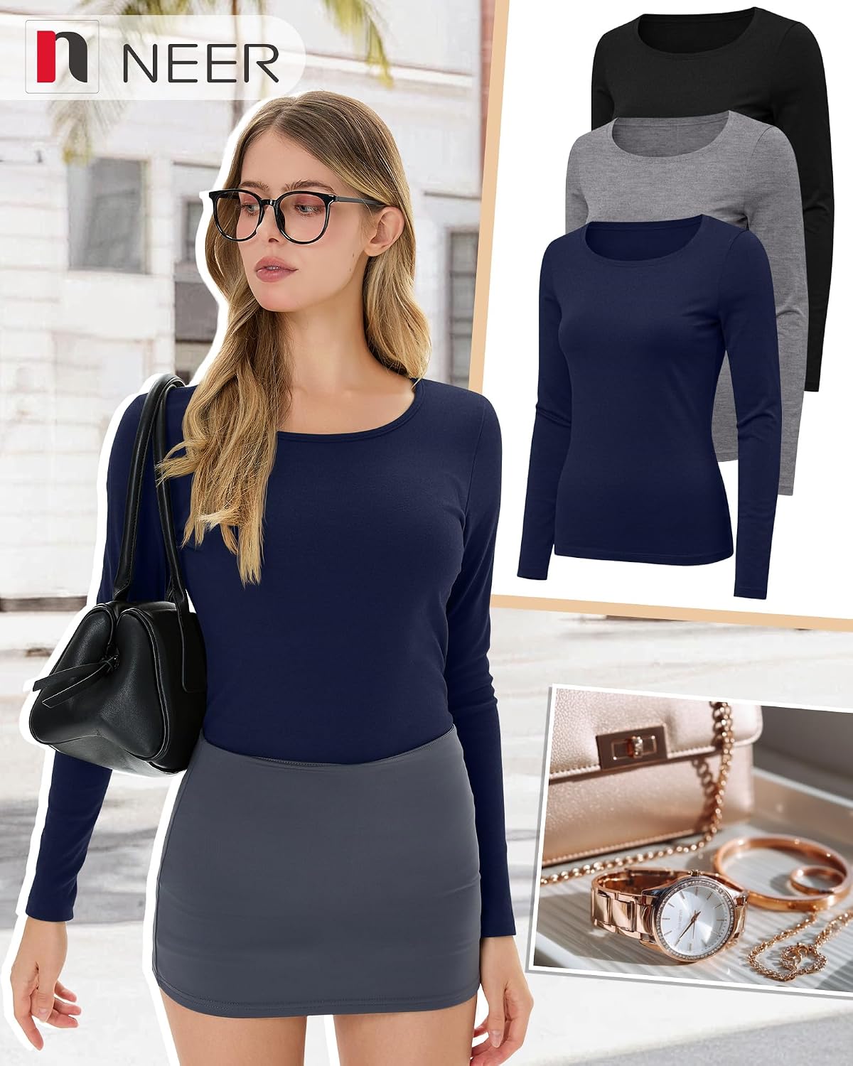 Neer 3 Pack Womens Thermal Shirts Crew Neck Fleece Lined Tops