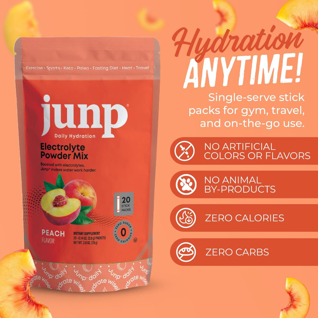 JUNP Sugar Free Electrolytes Powder Packets for Water Instant Hydration Packets with Salt & Potassium, Zero Calorie, No Carbs No Sugar Electrolyte Drink Mix Sticks, Keto Friendly, Juicy Peach 20 Pack