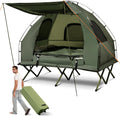 GYMAX Tent Cot, 5-in-1 Folding Camping Cot with Mattress & Pillows, Sleeping Bags, Sunshade, Camping Tent Elevated with Carrying Bag for Outdoor Hiking, Fishing, Picnic (2-Person)