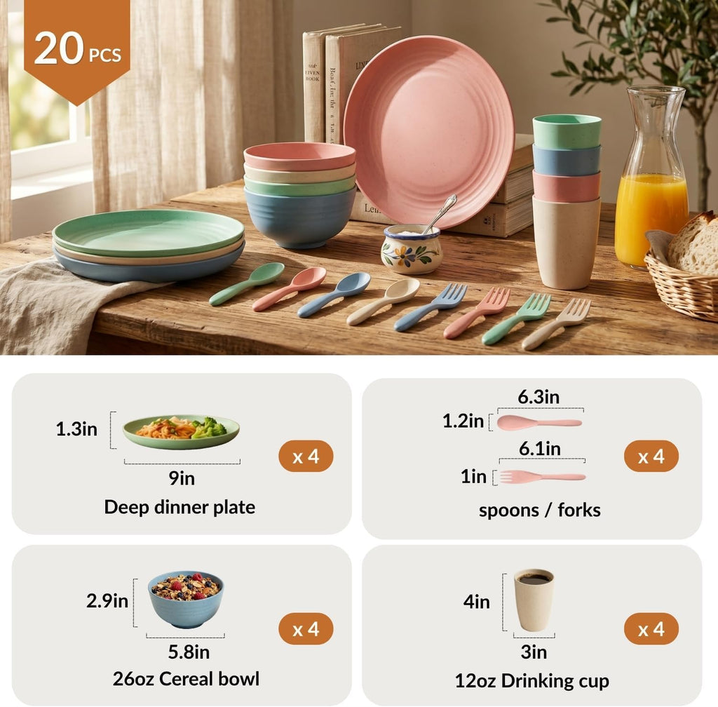 Homienly Wheat Straw Dinnerware Sets 20 PCS Cups and Plates Sets for Kitchen Microwave and Dishwasher Safe Plate Set Unbreakable Camping Dish Set Kids Plates and Bowls Sets for Picnic, RV (Multilight)