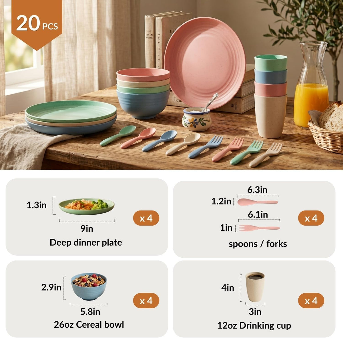 Homienly Wheat Straw Dinnerware Sets 20 PCS Cups and Plates Sets for Kitchen Microwave and Dishwasher Safe Plate Set Unbreakable Camping Dish Set Kids Plates and Bowls Sets for Picnic, RV (Multilight)
