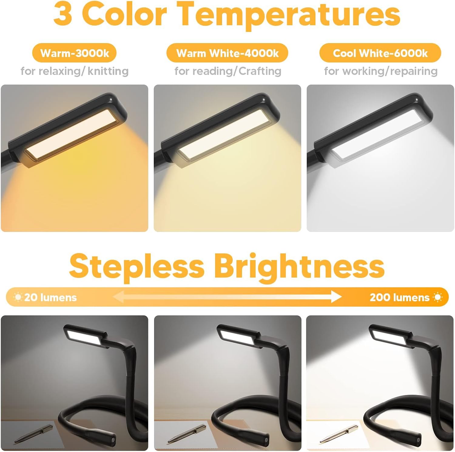 Neck Light, Rechargeable Reading Light, 3 Color Stepless Dimming