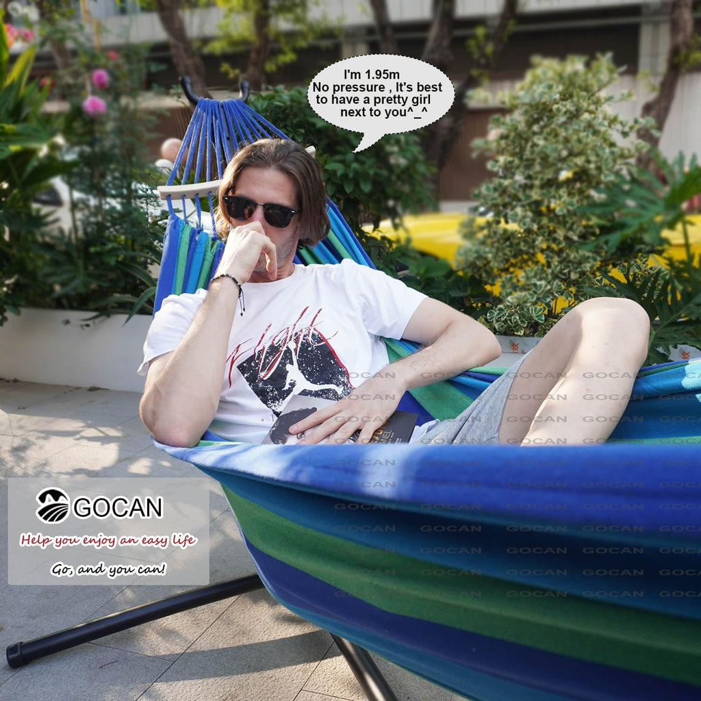 GOCAN Double Hammock 2 Person Large 220x160cm with Steel Stand and Removable Spreader bar Load 500lb, Canvas Cotton Hammocks for Patio Porch Garden Backyard Outdoor and Indoor, Blue