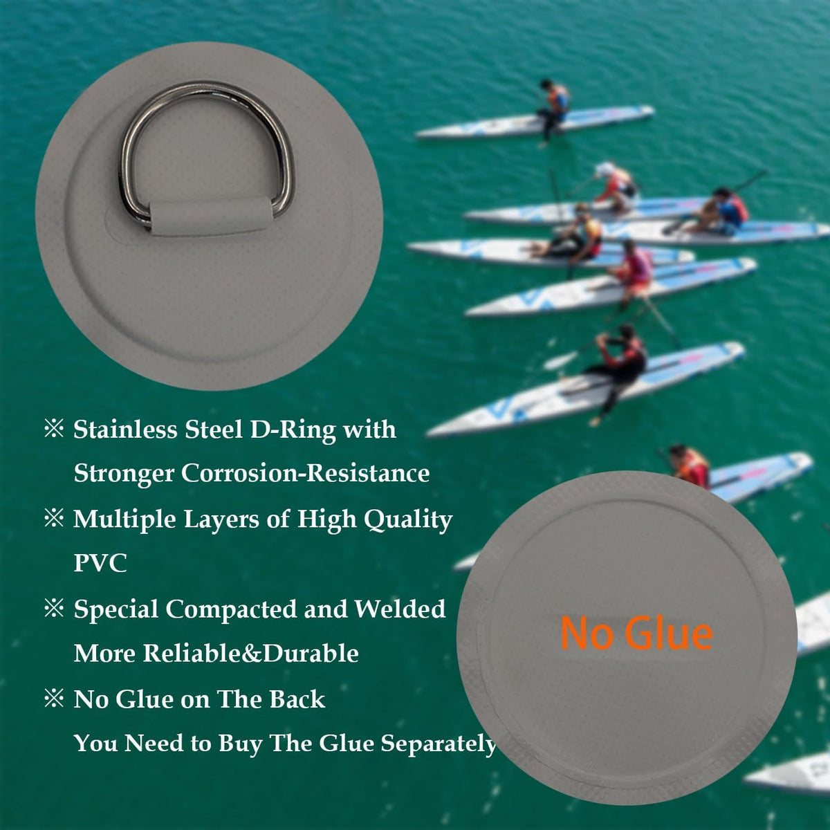 Golden Muhe 6 Pcs Stainless Steel D-Ring PVC Patch & Elastic Bungee Shock Cord for Sup Kayak Paddleboard Inflatable Boat