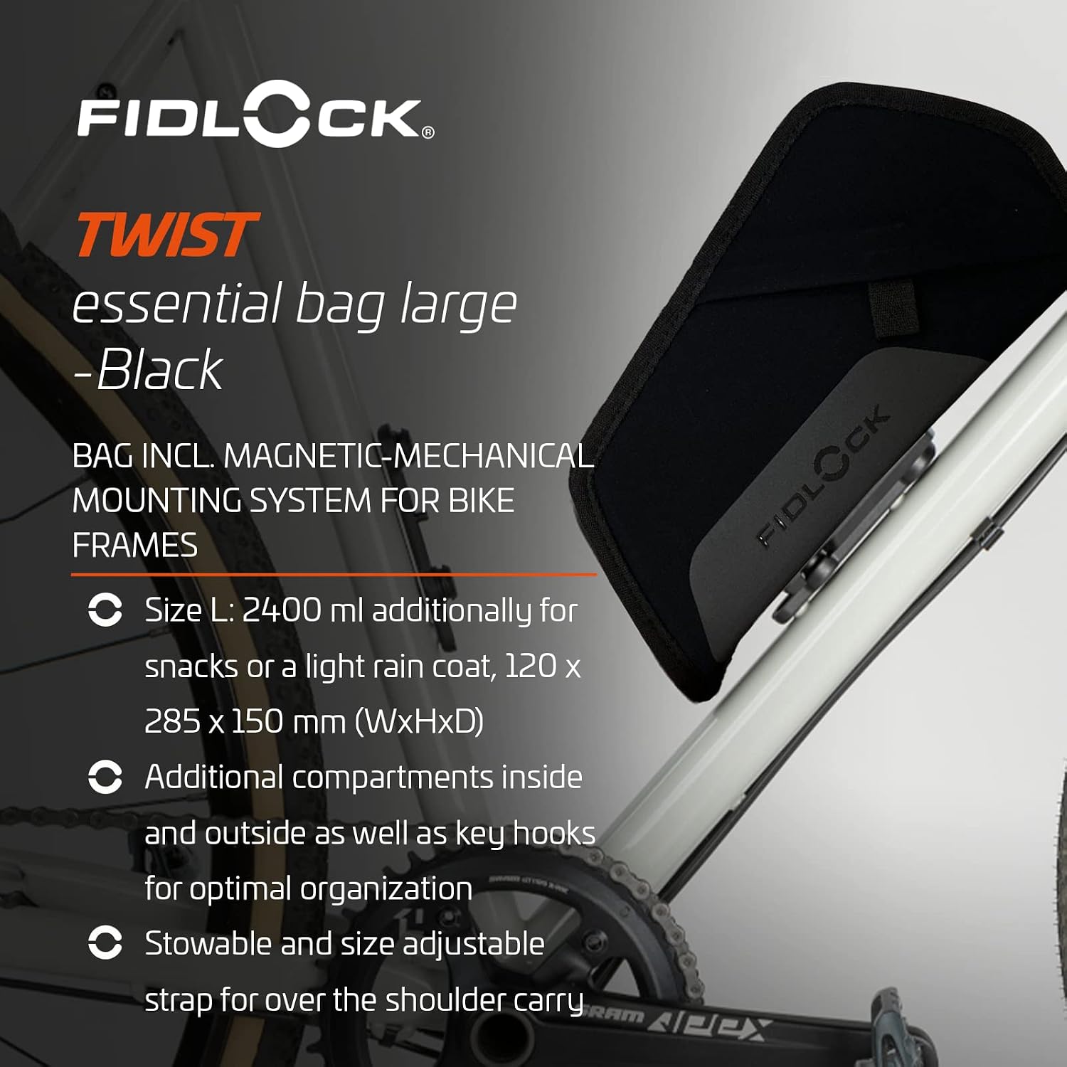 FIDLOCK Twist Essential Bag with Bike Base For Frame Triangle, Black, Large