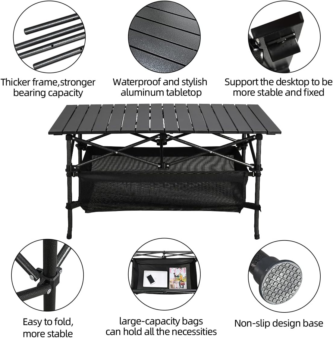 WUROMISE Lightweight Aluminum Folding Camping Table (37.13” x 21.57” x 19.69”), Portable Roll-Up Design for Outdoor, Camping, Beach, BBQ, Patio, and Picnic, Durable & Waterproof with Carrying Bag