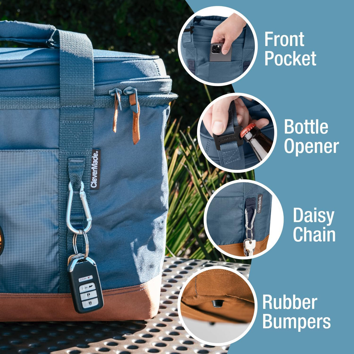 CleverMade 50 Can Pacifica Collapsible Cooler, Ocean/Cognac