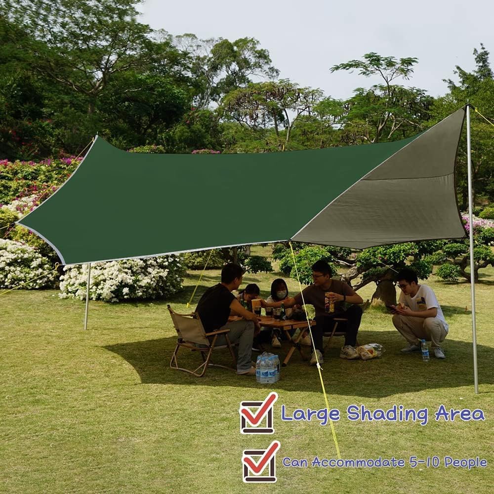 16x16 ft Large Camping Tarp Waterproof Hammock Rain Fly Camping Awning Sun Shelter (Without Pole) (Green)