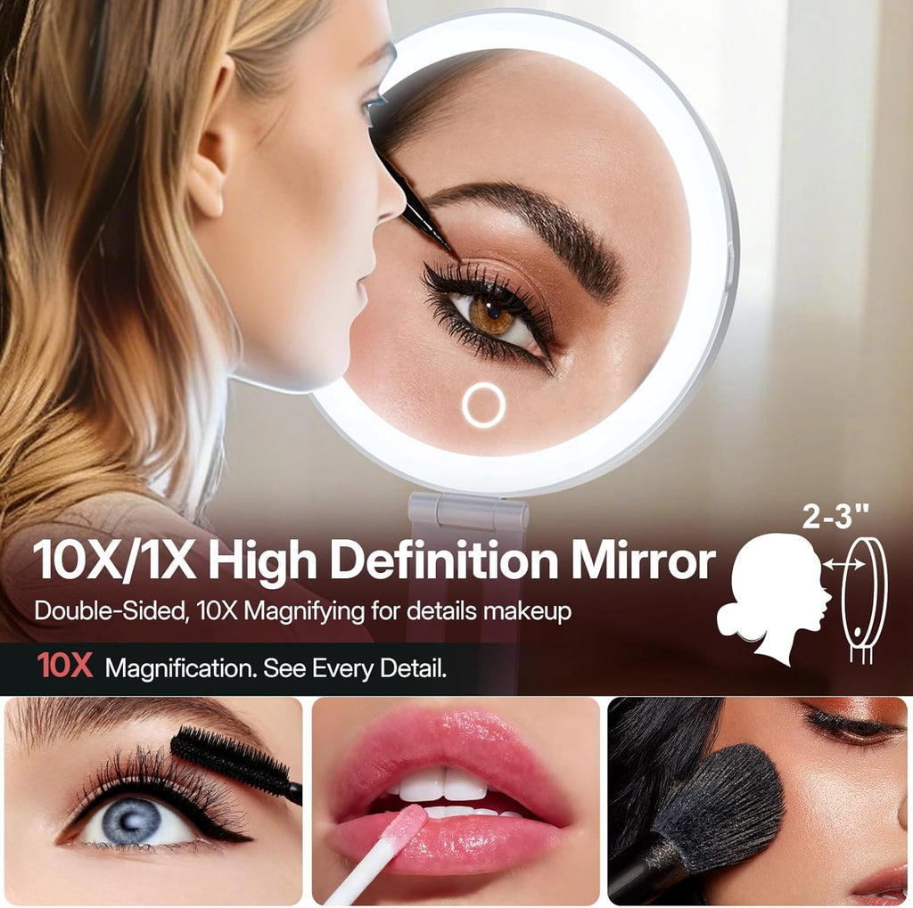 LitBear Travel Makeup Mirror with Lights, 10X/1X Foldable Magnifying Mirror