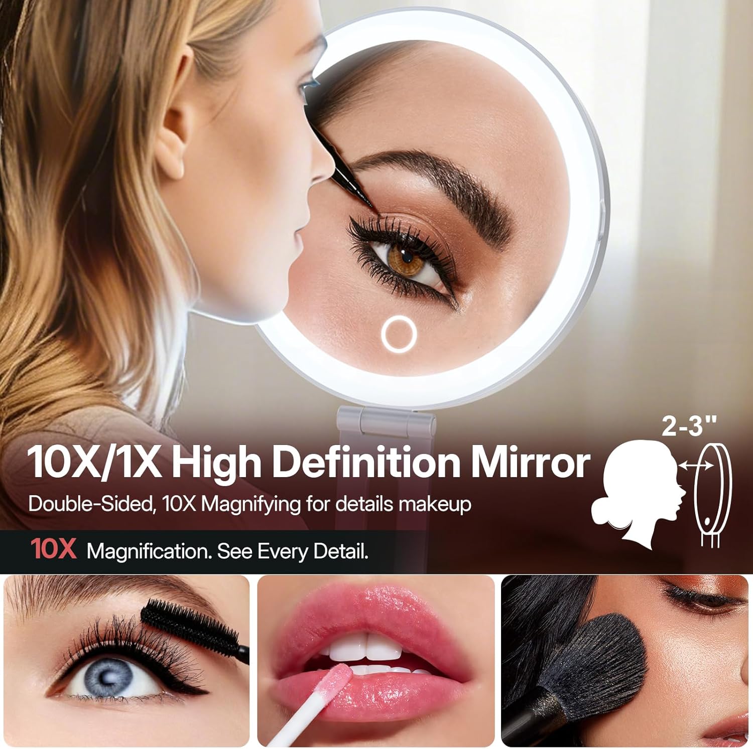 LitBear Travel Makeup Mirror with Lights, 10X/1X Foldable Magnifying Mirror