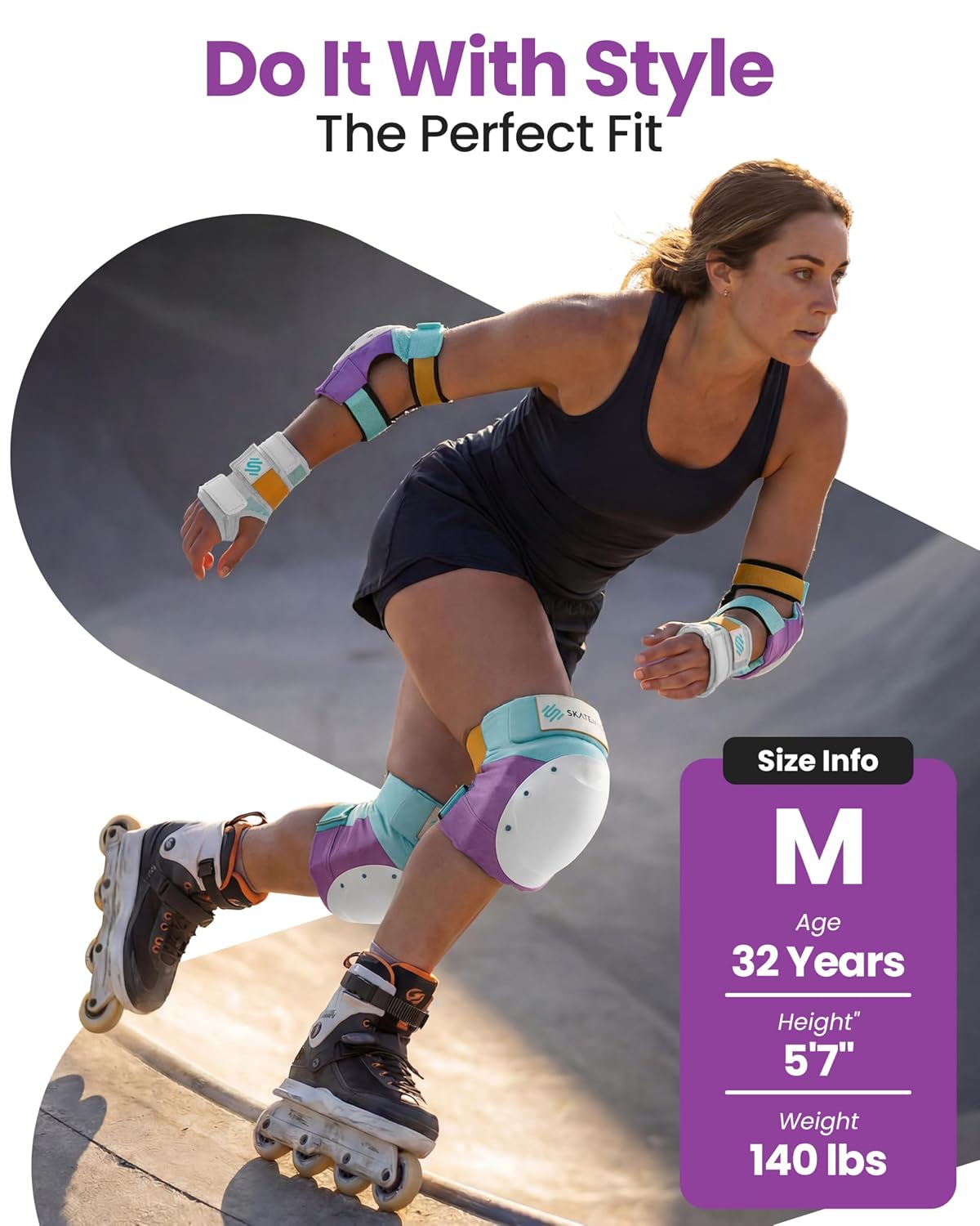 SKATEWIZ Adult Knee Pads, Skate & Skateboarding Wrist Guards for Skating Adult with Elbow Pads - Skateboard Protective Gear - Shield - Size M Lavender Blue - Roller Skates, Inline Skates