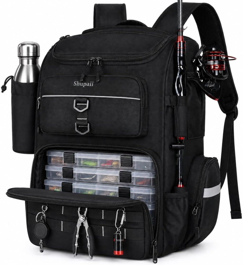 Fishing Backpack with Rod Holder, 45L Capacity Tackle Storage Bag