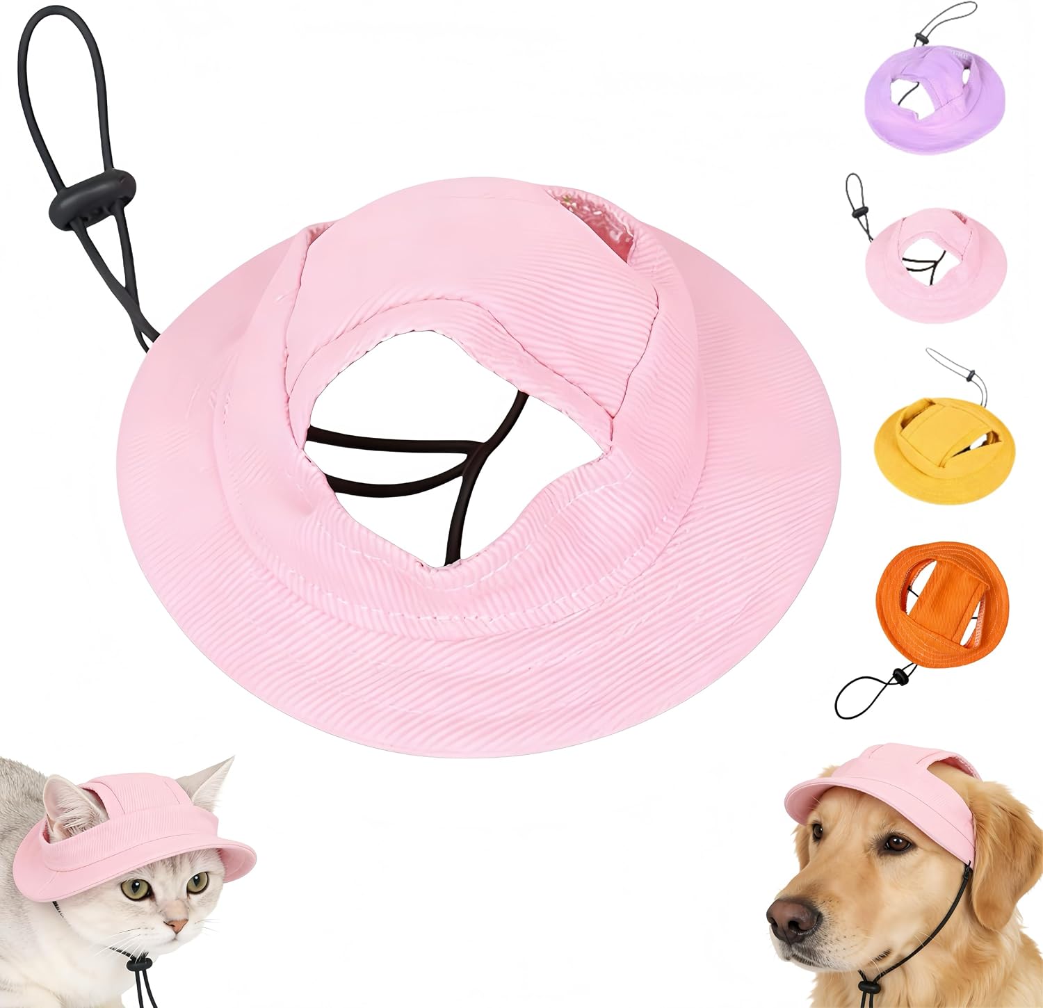 Denim Flannel Pet Sun Hat with Ear Holes, Adjustable UV Protection Cap for Dogs & Cats, Breathable Summer Outdoor Hat with Curved Brim (Orange, M)