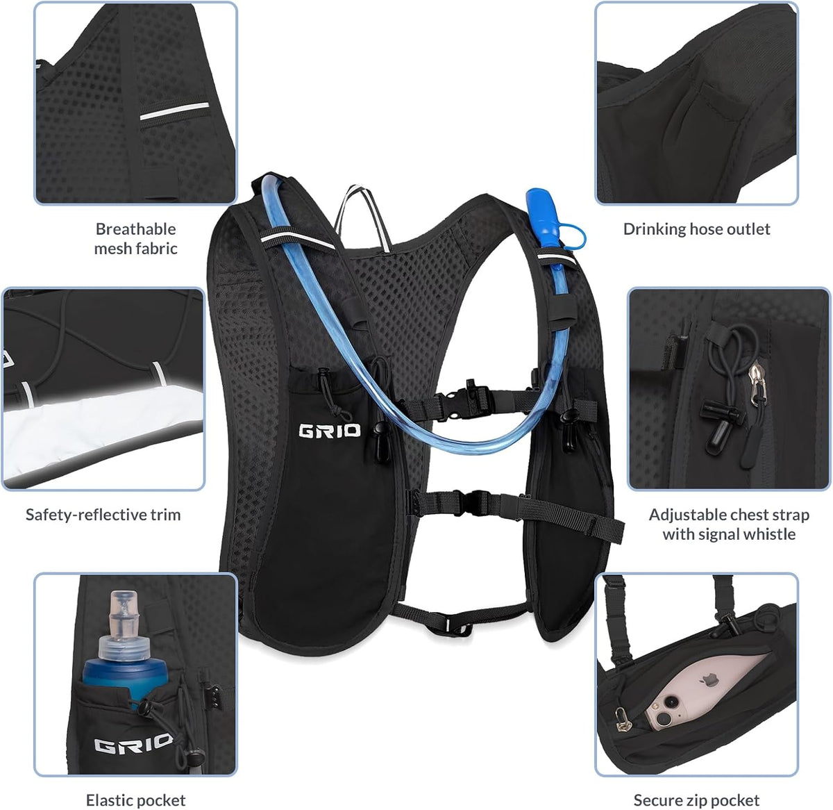 GRIO Hydration Running Vest for Women Men, Water Backpack for Hiking ,with 1.5L Water Bladder, Lightweight Breathable Reflective Hydration Pack for Marathon, Trail, Hiking, Cycling