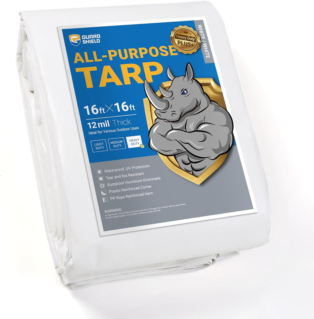 GUARD SHIELD White Tarp Heavy Duty Waterproof Plus+ 16x16 FT Large 12 mil