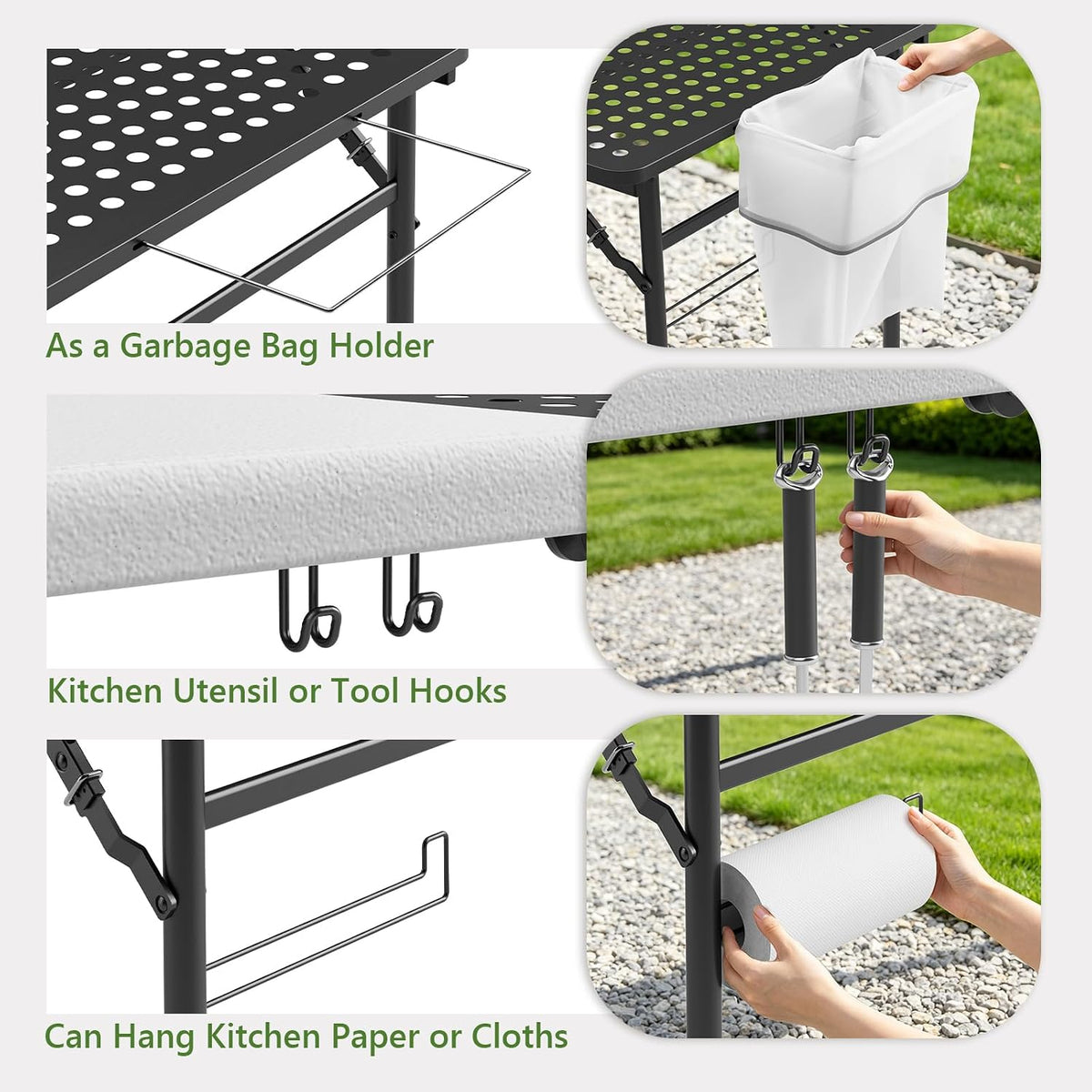 Folding Table, 5ft Folding Grill Table, Portable Camping Table for Cooking & BBQ Grill, 2-in-1 Metal&Solid Surface Grill Table Foldable for Party Cooking, Backyard, Patio Use,(Black and White)