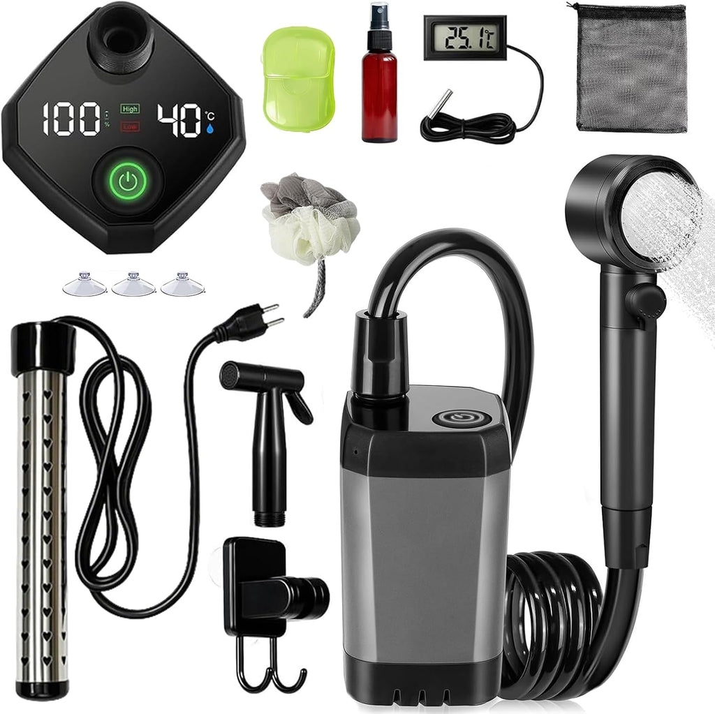Portable Shower for Camping – 6000mAh Rechargeable Shower Pump with LED Display, 3 Modes & Spray Nozzle – IPX7 Outdoor Shower Kit for Travel, Beach, Car, Dog Bath
