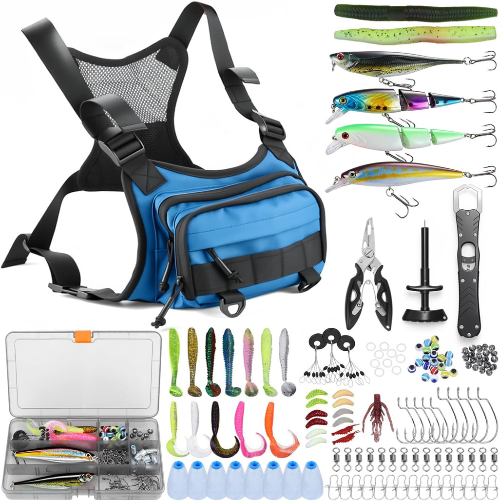 All in One Fishing Chest Pack Tackle Bag with Tackle Box, Fishing Lures Kit