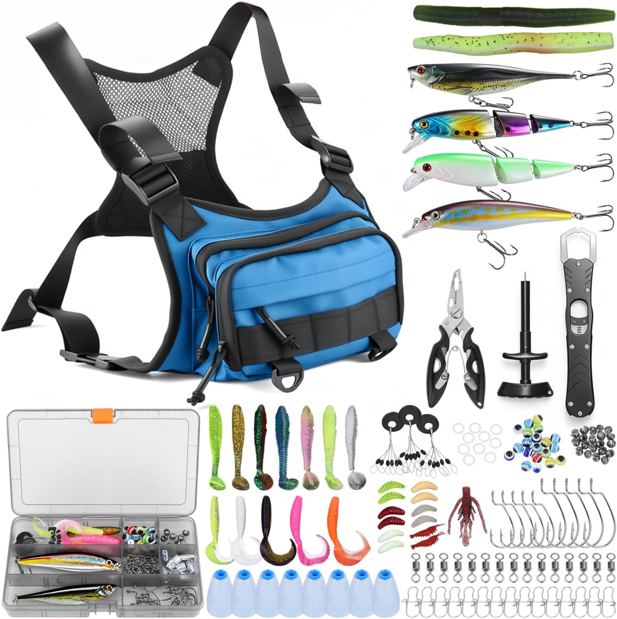 All in One Fishing Chest Pack Tackle Bag with Tackle Box, Fishing Lures Kit