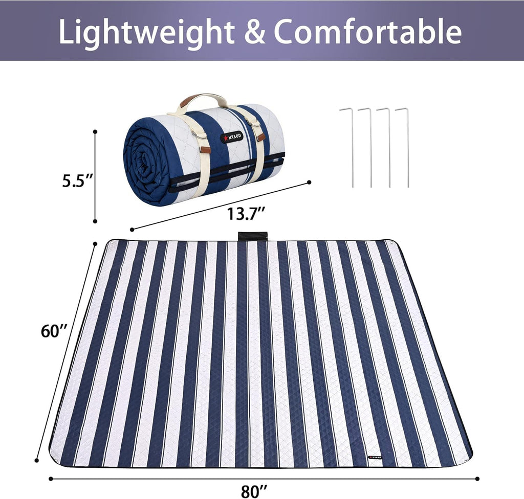 HX&OD Outdoor Picnic Blanket Extra Large, 80''*60'' Waterproof Picnic Mat with Stakes Foldable Camping Blanket Portable with Carry Strap for Beach Mat (Green& White, 80''*60'')