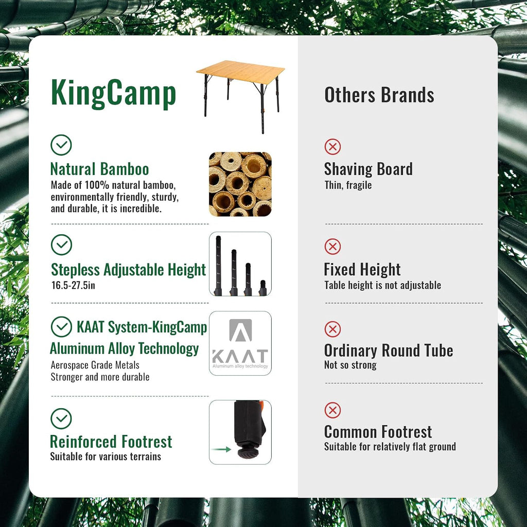 KingCamp Bamboo Folding Camping Table with Adjustable Height