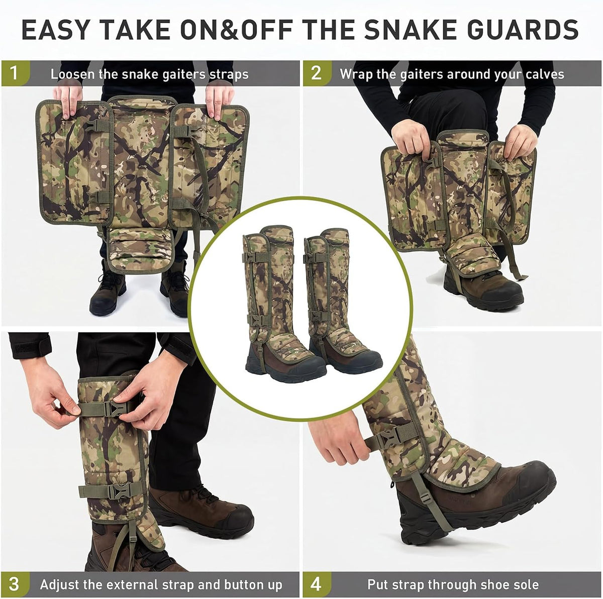 LOOGU Snake Gaiters, Waterproof Oxford Leg Guards with 12 Individual PE Boards, Curved Upper, Reinforced Instep Strap, Adjustable Double Buckles, Camo for Hunting Hiking Trekking