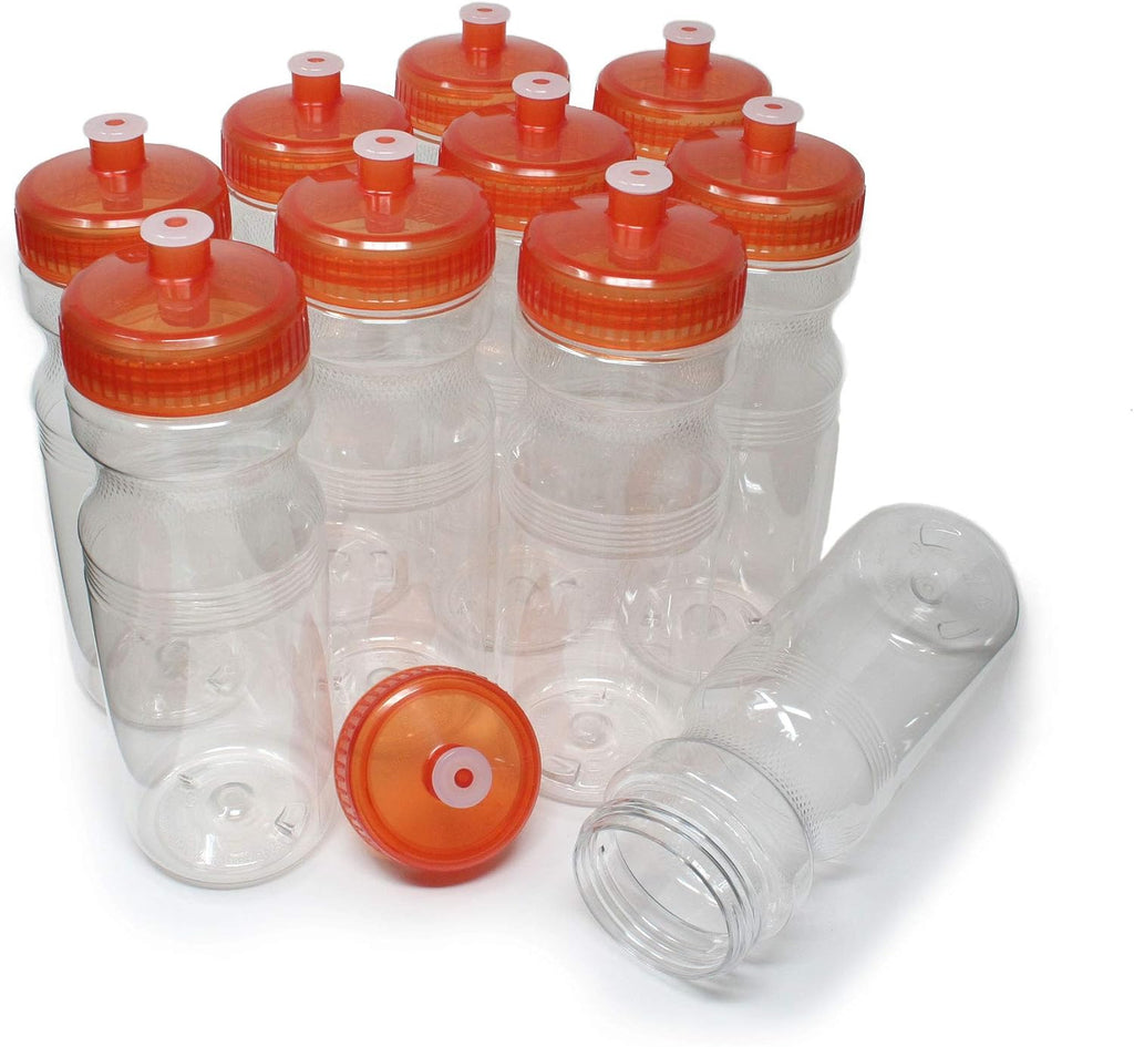 Rolling Sands 24 Ounce BPA-Free Clear with Orange Plastic Water Bottles, Set of 10, Made in USA