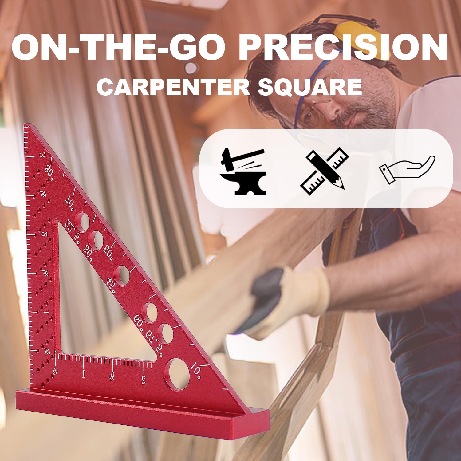 Carpenter Square, Small Triangle Square, 90 Degree Small Square Ruler, Woodworking Measuring Tool with Fixed Miter Angle Pin (Red)