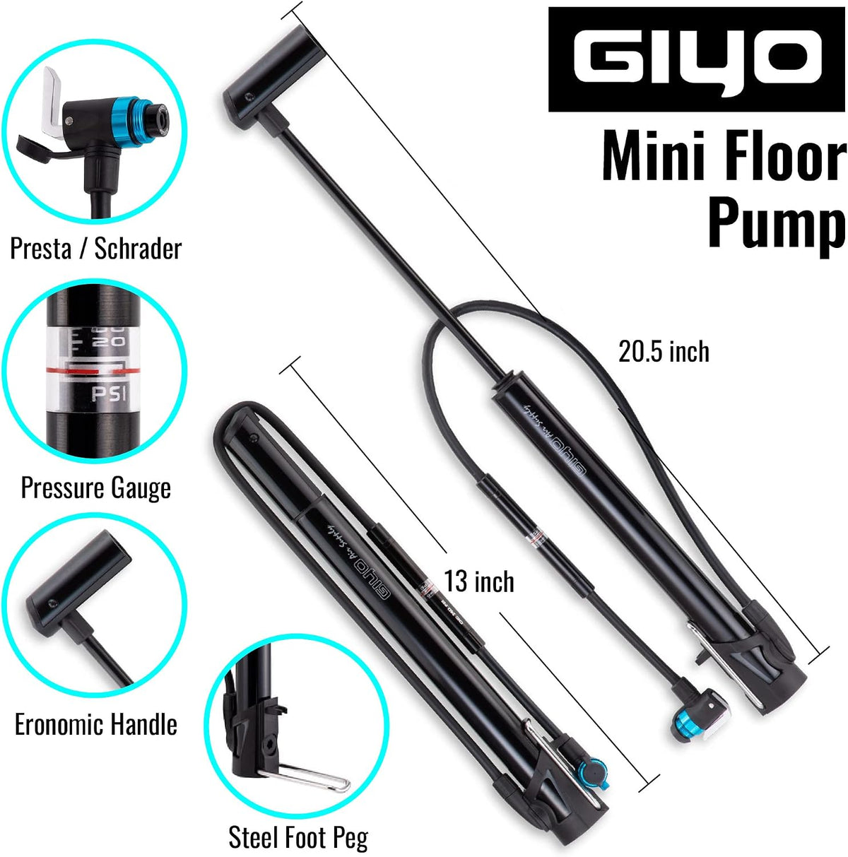 GIYO Bike Frame Floor Pump - Compact & Durable, Fast Tire Inflation for Road & MTB - Presta/Schrader, Max 140 psi - Small Pump with Gauge (GM631)
