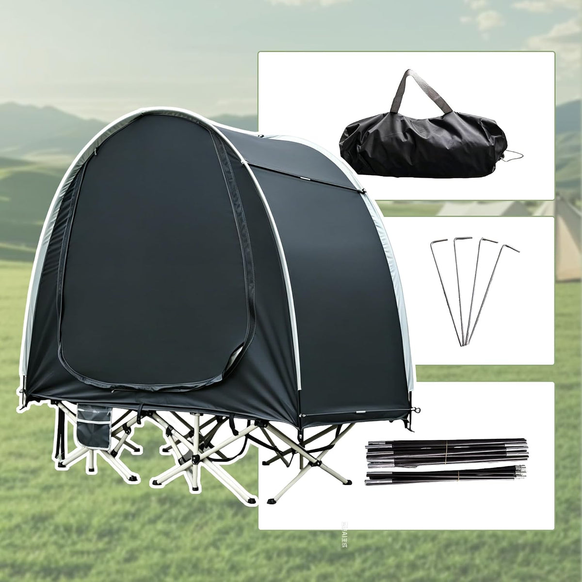 1 Person Solo Cot Tent (Bed Not Included), 210D Silver Fabric, Waterproof, Compact Portable Camping Shelter