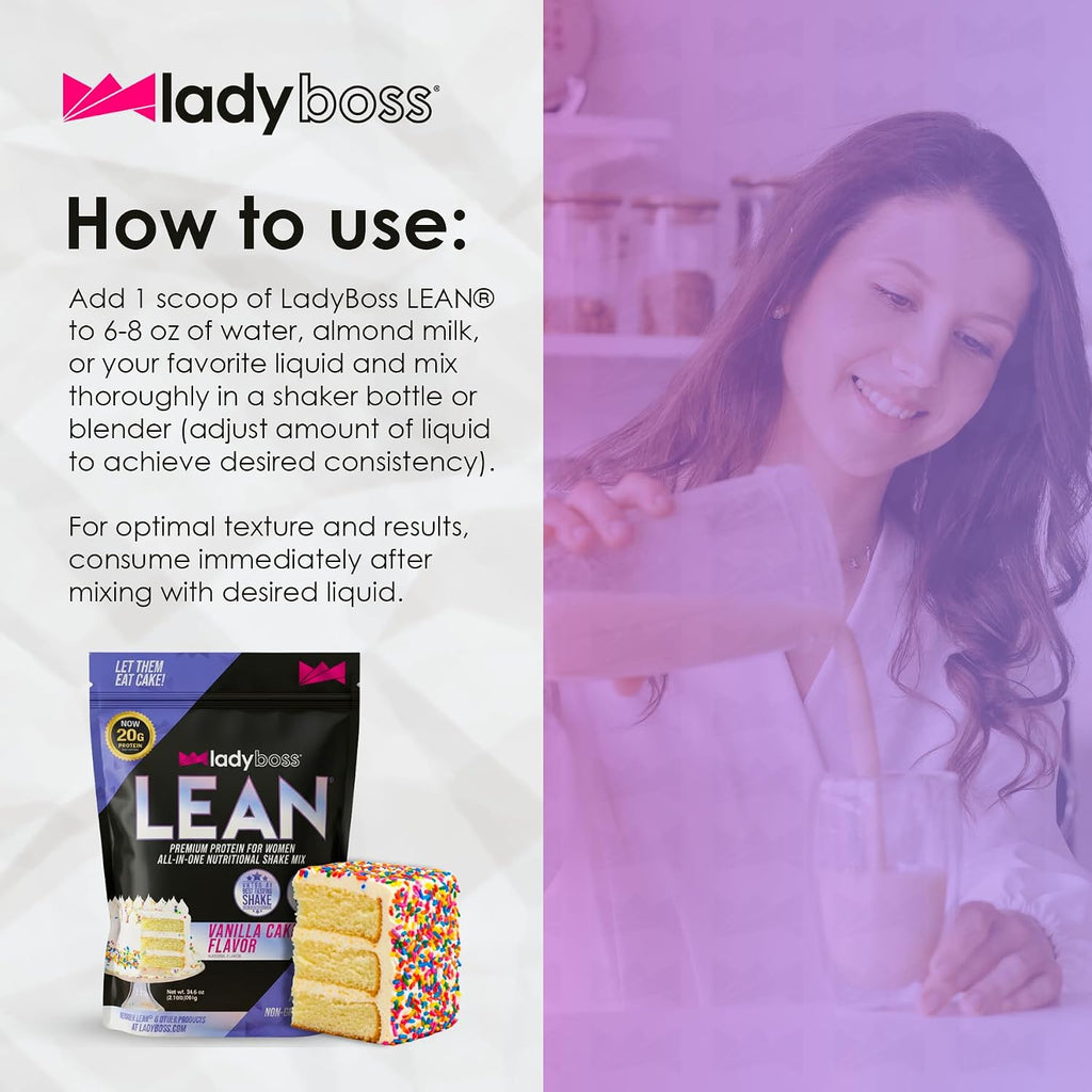 LadyBoss Lean Meal Replacement Protein Shake Vanilla Cake Flavor with 20G Whey Protein, 20 Vitamins & Minerals - Craving Support - 30 Servings