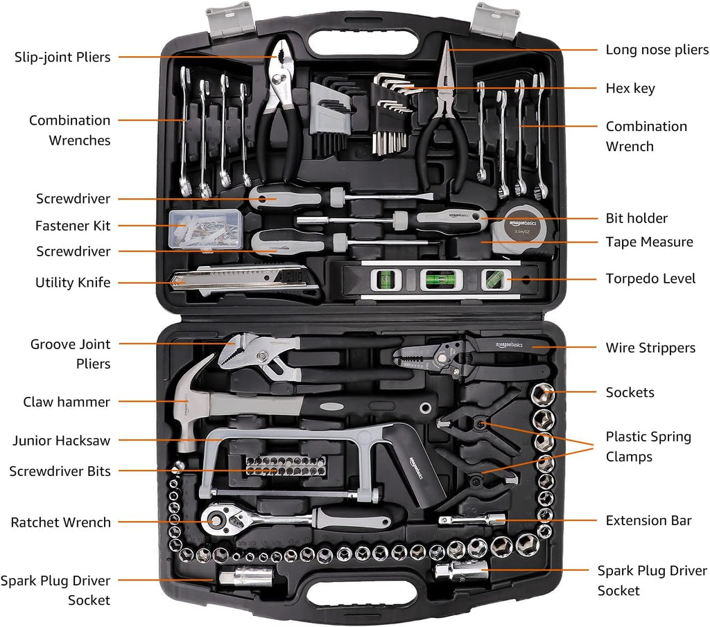 Amazon Basics 173-Piece General Household Hand Tool Set with Storage Case, Portable Tool Kit for Home Maintenance and Everyday Repairs