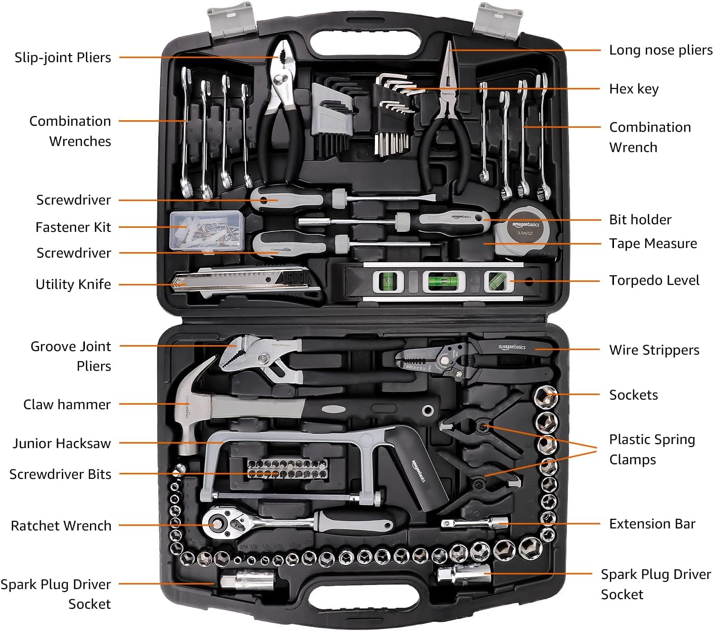 Amazon Basics 173-Piece General Household Hand Tool Set with Storage Case, Portable Tool Kit for Home Maintenance and Everyday Repairs