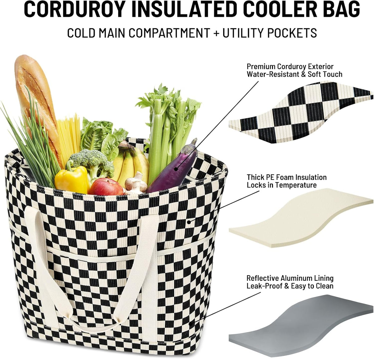 Corduroy Insulated Cooler Tote Bag for Grocery Shopping, Beach