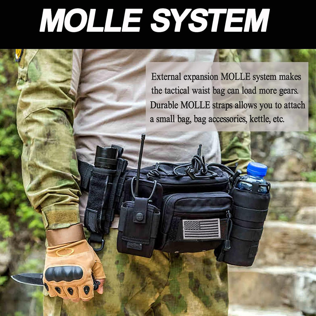 Tactical Fanny Pack, Military Waist Bag Hip Belt Bumbag Utility Bags for Outdoor Hiking Climbing Fishing with U.S Patch(Green)