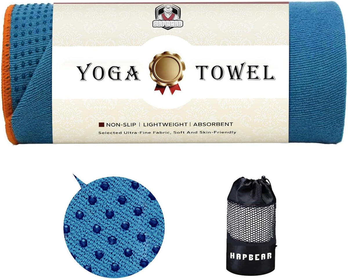 HAPBEAR Non Slip Yoga Mat Towel with Grip Dots, 72" x 24" Hot Yoga Towel - Super Absorbent Microfiber Yoga Towel for Hot Yoga, Bikram, Pilates and Gym Workout - Grey