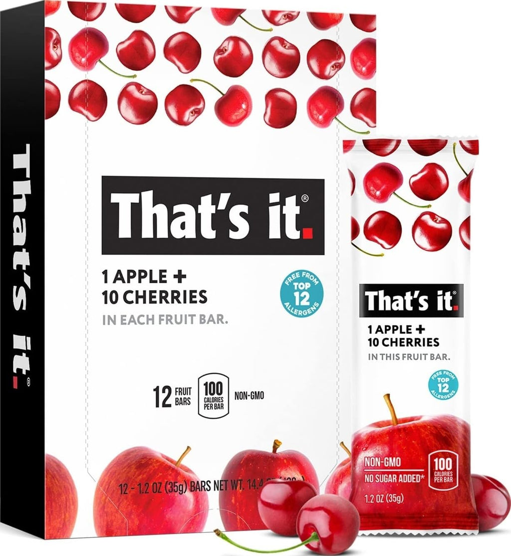 That's it. Apple + Cherry 100% Natural Real Fruit Bar, Best High Fiber Vegan, Gluten Free Healthy Snack, Paleo for Children & Adults, Non GMO No Sugar Added, No Preservatives Energy Food (12 Pack)