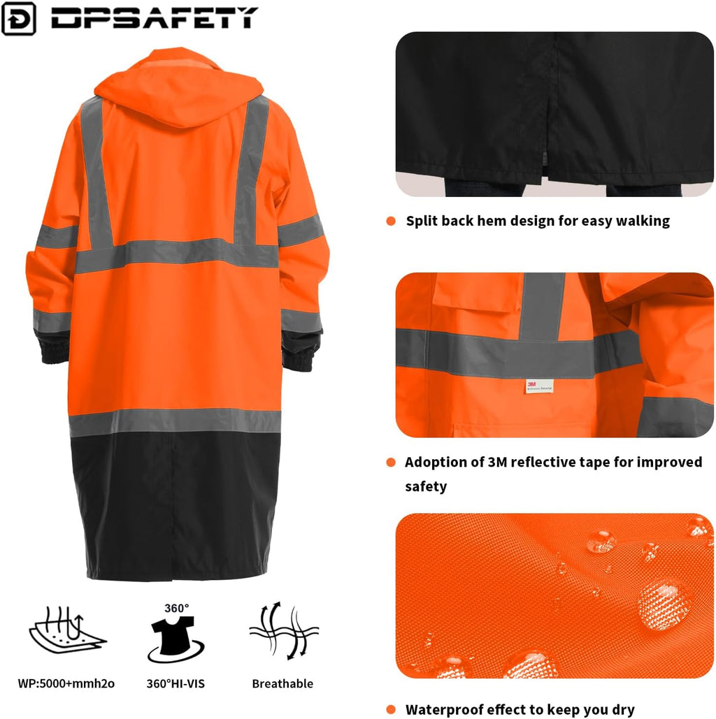 Hi Vis Rain Jacket with 3M Reflective Stripe,High Visibility Class 3 Rain coats,Safety Waterproof Rain Suits for Men with Hood and 2 Large Pockets construction work rain gear(Orange 2XL)