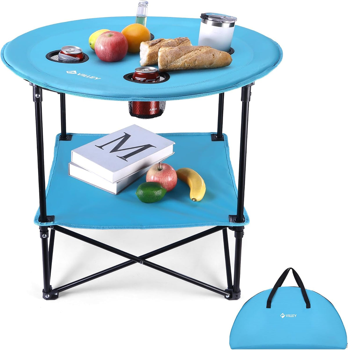 VILLEY Folding Camping Table, Double-Layer Round Camp Table with Carry Bag
