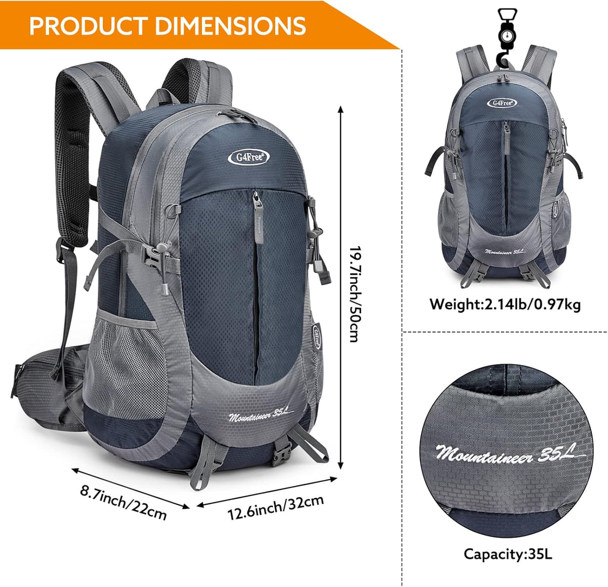 G4Free 35L Hiking Backpack for Women Men, Water Resistant Outdoor Sports