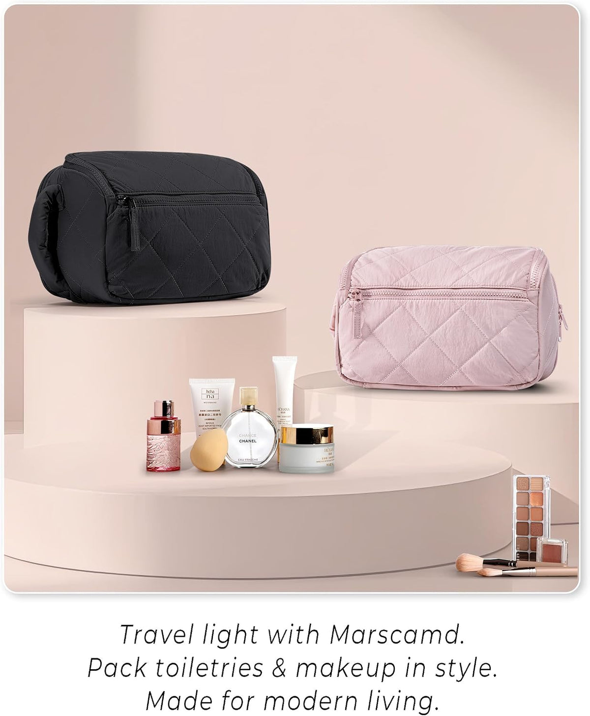 Marscamd Travel Toiletry Bag for Women, Wide-Open Makeup Organizer, Black