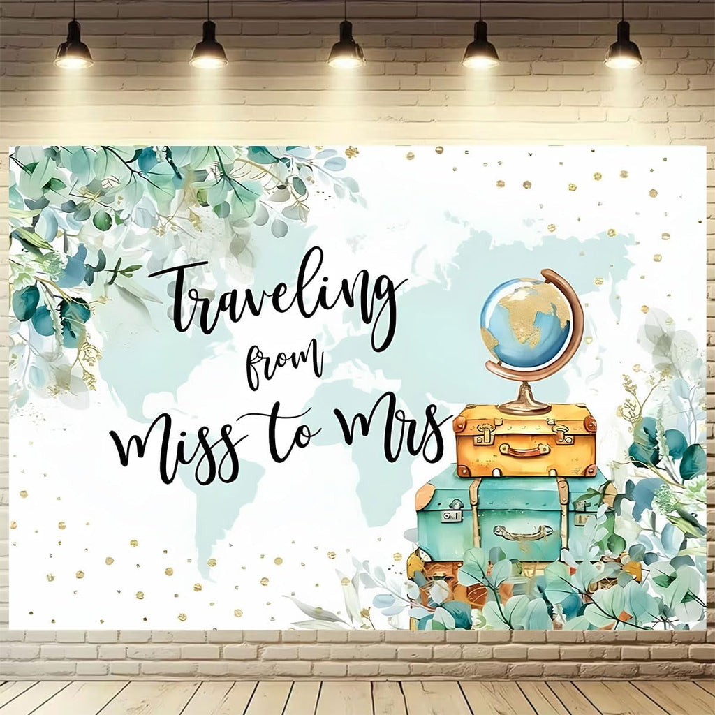 Wedding Travel Theme Photography Background Adventure Awaits Baby Shower Party Decorations Backdrop Traveling from Miss to Mrs Background Greenery Green Leaves Bridal Shower Backdrop (7X5FT)