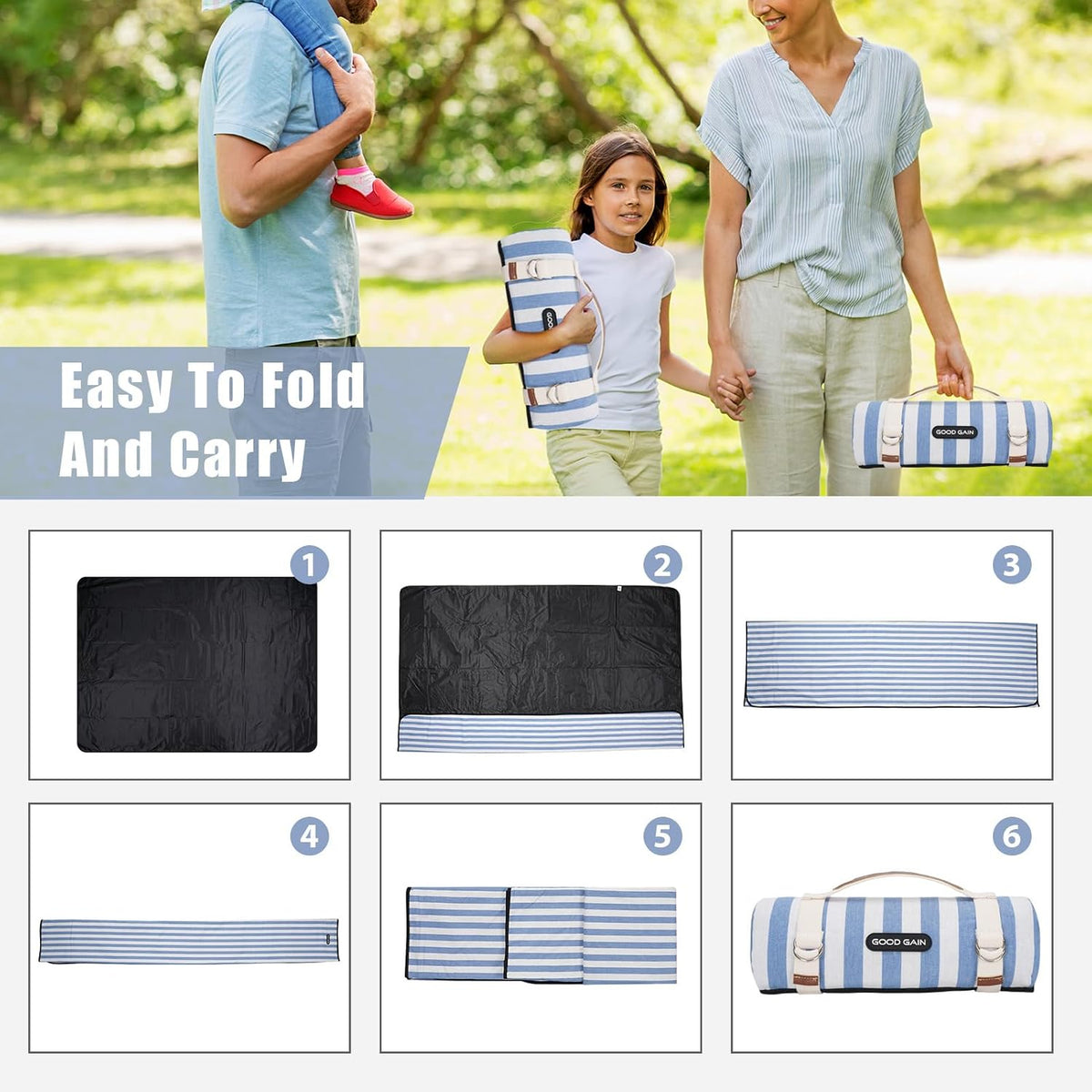 Picnic Outdoor Blankets Waterproof Extra Large - Beach Mat Sand Free Foldable with Carry Strap | Portable Camping Blanket | Park Blanket for Grass , Hiking, Travel, Concerts, Indoor (Cerulean Blue)